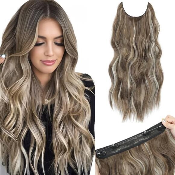 20 Inch Invisible Wire Hair Extensions Natural Brown with Highlights